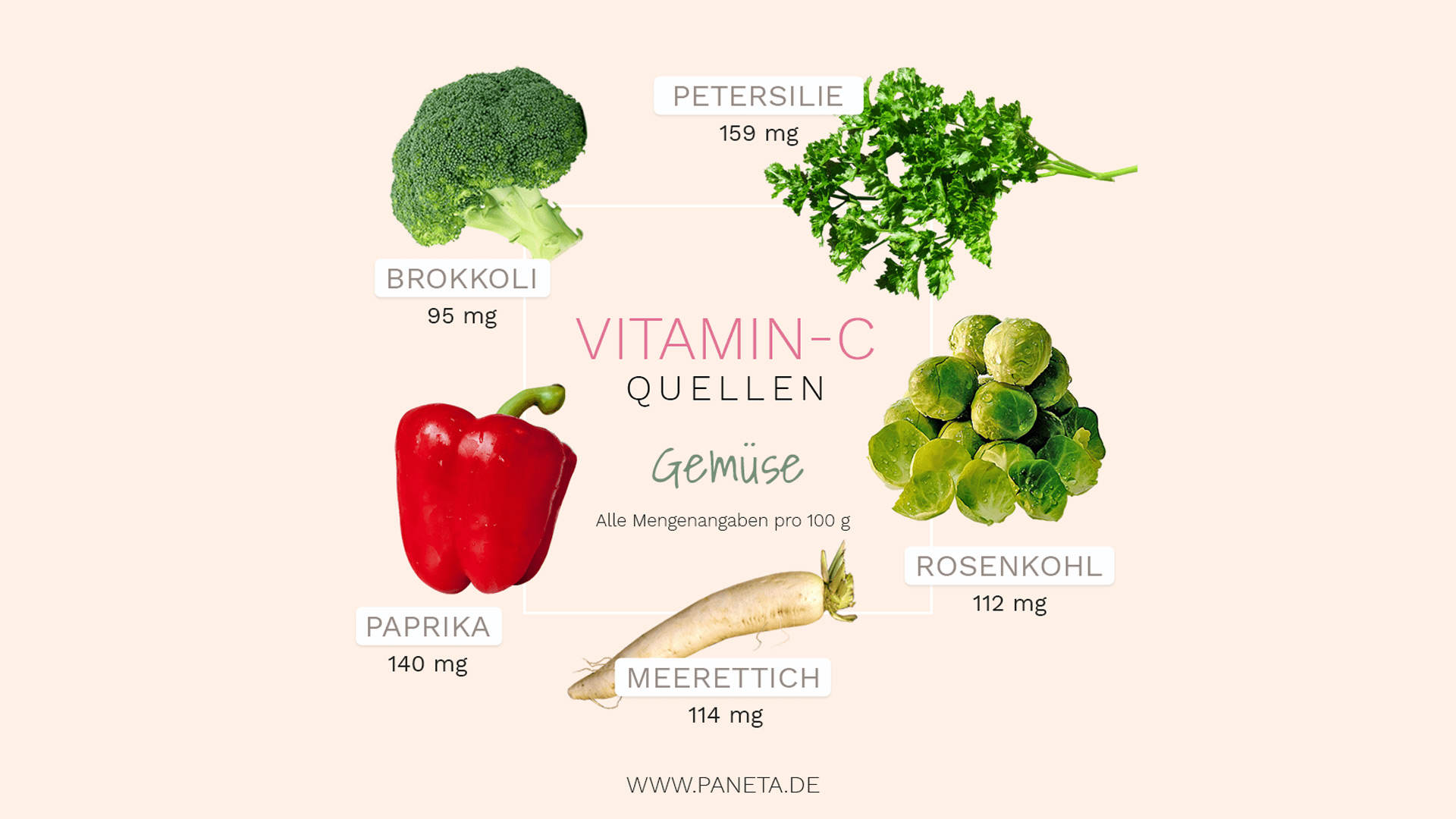 Vitamin in Gemüse - Top 5 Quellen Vitamin in Gemüse - Top 5 Quellen (Brokkoli, Petersilie, rote Paprika, Rosenkohl, Meerettich)